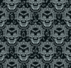 Seamless pattern with vector line drawn skulls and ornaments with precious stones. Coloring page for adults. Halloween and Day of the Dead print