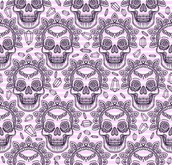 Seamless pattern with vector line drawn skulls and ornaments with precious stones. Coloring page for adults. Halloween and Day of the Dead print