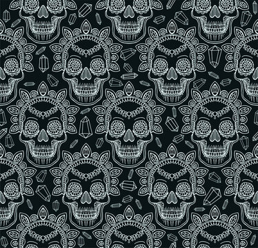 Seamless pattern with vector line drawn skulls and ornaments with precious stones. Coloring page for adults. Halloween and Day of the Dead print