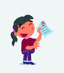 happy cartoon character of little girl on jeans explaining something with exam in hand.