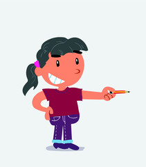  happy cartoon character of little girl on jeans points with pencil to the side
