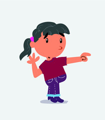 Surprised cartoon character of little girl on jeans points to something to his side