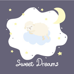 Vector illustration with cartoon sheep, clouds, stars and inscription Sweet Dreams on purple background. For nursery baby room posters, print design, greeting card, baby shower, kids t-shirts, pajamas