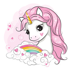 Portrait of little smiling unicorn with rainbow and clouds. Illustration for your design. - 440780874