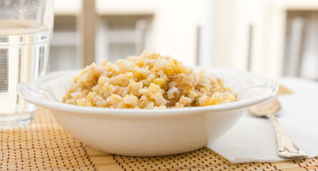 breakfast from plate with various cereal porridge for breakfast