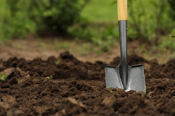 Shovel in soil outdoors, space for text. Gardening tool - obrazy, fototapety, plakaty