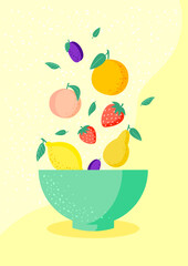 Fresh fruits in a bowl isolated on yellow background. Peach, strawberry, pear, lemon, plum, orange. The concept of healthy and sports nutrition. Vector illustration.