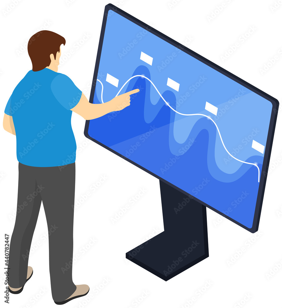 Poster businessman doing data analysis, man looking in special presentation board with chart, examining cha