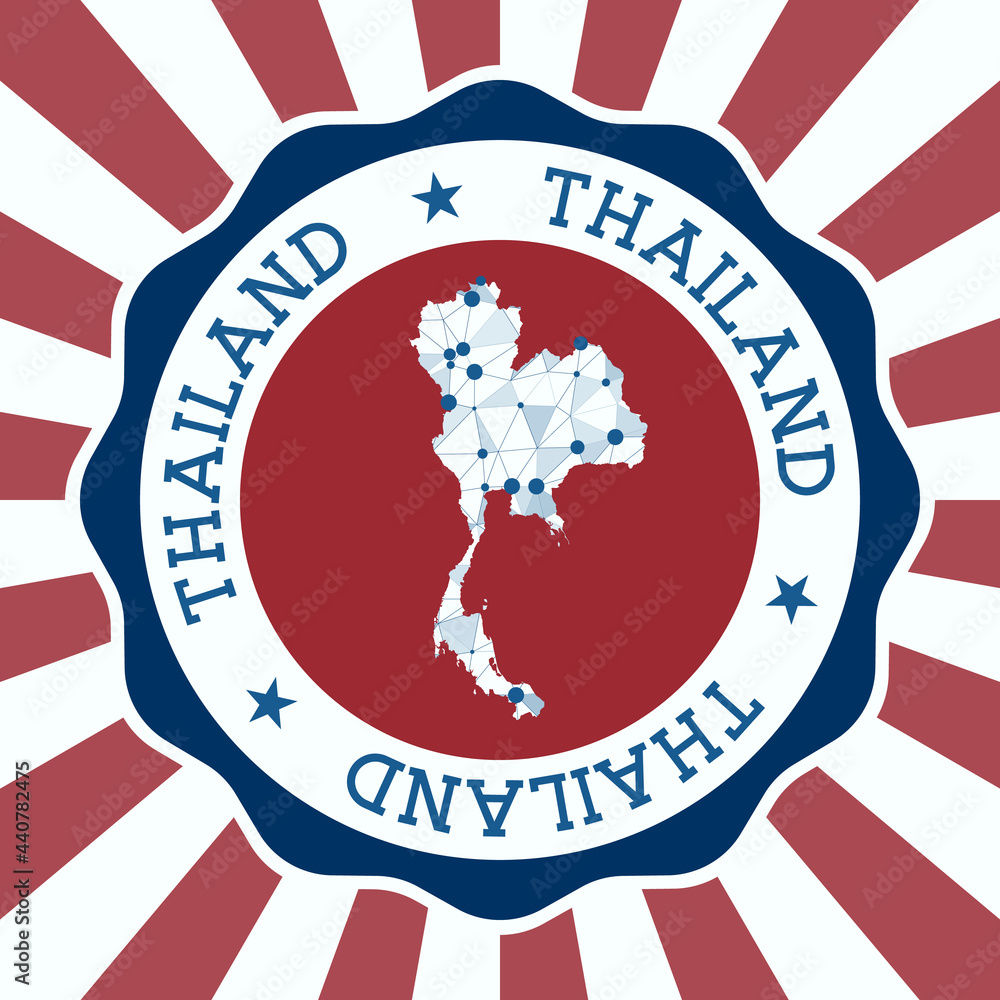Aufkleber thailand badge. round logo of country with triangular mesh map and radial rays. eps10 vector.