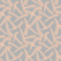 Simple minimal pink fern leaves tropical seamless pattern. Gray background. Flat jungle foliage modern texture. Stock vector illustration.