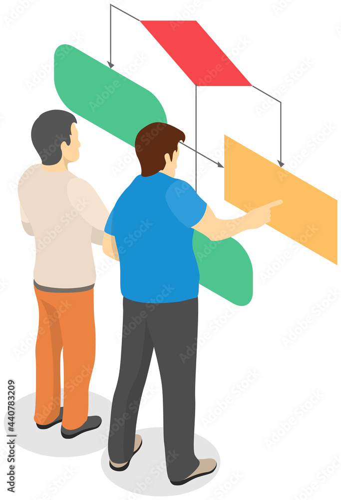 Poster Men looking at whiteboard with schemes, programmer examining charts and info on board. Guys are working with data. Characters discuss while working with statistical graph. Profit sectorized diagram