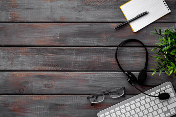 Communication support call center. Voip headset on offise desk