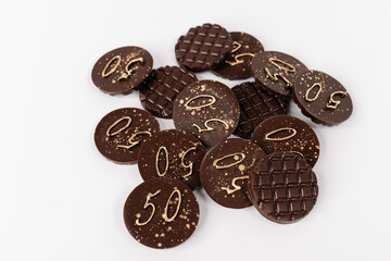 natural chocolate medallions, 50 years anniversary, sweet invitation