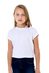 Blonde in a white T-shirt in the studio on a white background. Close-up