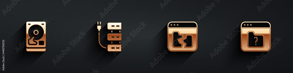 Poster set hard disk drive hdd, server, broken file and file missing icon with long shadow. vector