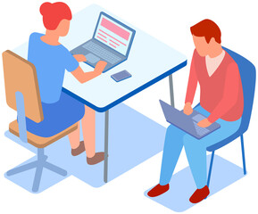 People using their laptops while working in office. Woman sitting and typing on computer. Teamwork with computers. Cartoon characters program, work with electronic devices at workplace in office