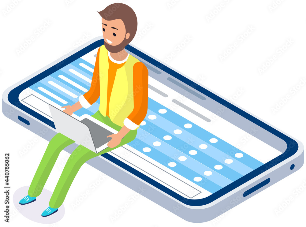 Poster man working or studying online. guy with laptop sitting on mobile phone screen. online learning conc