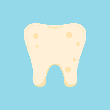 Tooth with plaque dental icon isolated on blue background. Tooth stone oral hygiene image. Vector flat design cartoon dentistry clip art illustration.