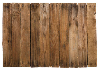 Vintage wooden background from planks with rusty nails isolated on white.