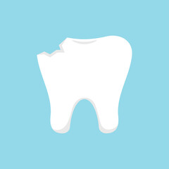 Chipped tooth dental icon isolated on blue background. Broken tooth vector symbol. Flat design cartoon style dentistry clip art illustration.