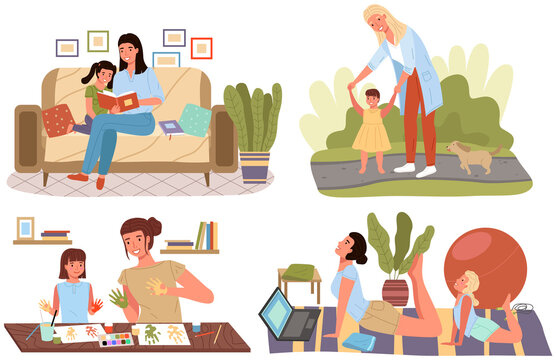 Set of illustrtion about time spent by children and parents. Holidays with mother in nature or at home. Parenting, motherhood concept. Family is engaged in creativity, sports, exercises and education