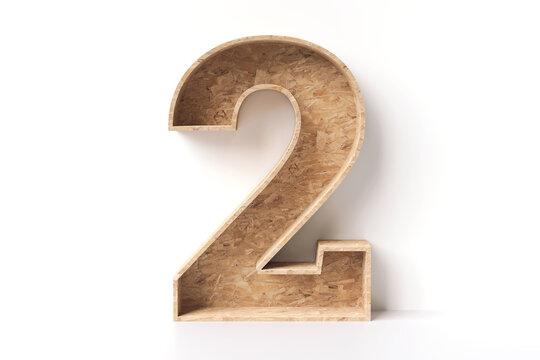 3D wood number 2 made of OSB boards. Recycle conceptual stylish numbers typography. High quality 3D rendering.