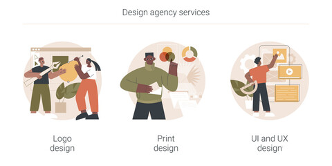 Design agency services abstract concept vector illustration set. Logo and print design, UI and UX, brand visual ID, business card, mobile app user interface and interaction abstract metaphor.
