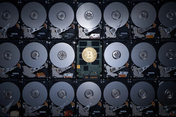 numbers of hard drives show inside metal disk and parts in pattern texture with circuit of solid stage drive with out shell and a bitcoin symbol at the center of the frame in dark tone light and shade