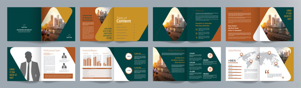 Corporate business presentation guide brochure template, Annual report, 16 page minimalist flat geometric business brochure design template, A4 size.