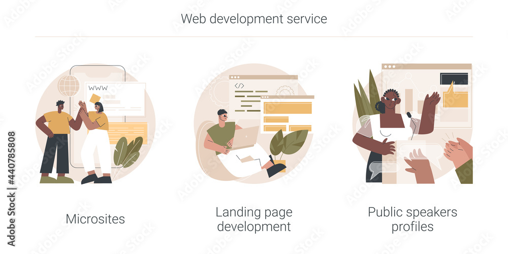 Poster web development service abstract concept vector illustration set. microsites and landing page develo