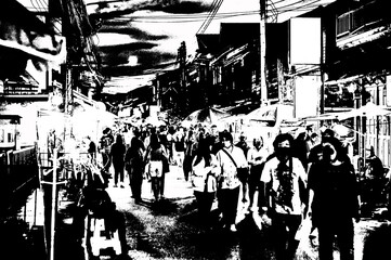 Landscape of the city center in the provinces of Thailand Black and white illustrations.