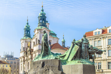 Jan Hus Memorial in Old town square in Prague. Memorial unveiled to commemorate 500th anniversary...