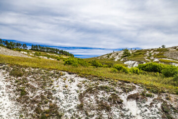White chalk rocks or mountains or hills in chalk steppe, the Dvorichanskyi National Nature Park reserve in Ukraine, Kharkiv region