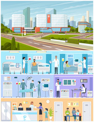 Modern hospital building, healthcare system with all departments. Doctors and patients in hospital building. Workflow inside urban medical facility. Surgery, diagnostics and treatment in clinic