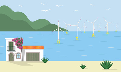 Mediterranean house and offshore wind farm