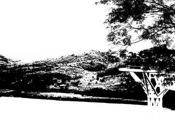 river and mountain landscape Black and white illustrations.