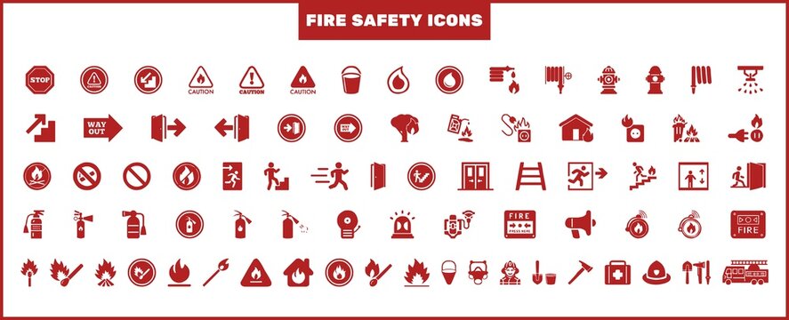 Set of fire safety signs or icons. Set of firefighting icons. Collection of warning signs, danger, alerts, fire icons set.