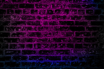 Fototapeta na wymiar Modern futuristic neon lights on old grunge brick wall room background. Digital illustration.