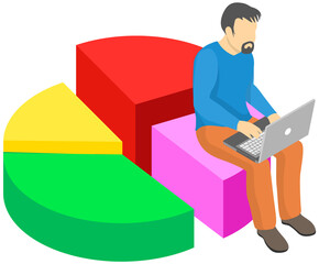 Male analyst sitting on pie chart and working on laptop computer. Statistical or financial data analysis, business analytics concept. Man conducts statistical research, works with data analyzing