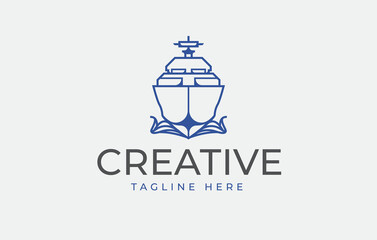 Pier Ship Logo Design Template. Travel Ship Icon Line Art Vector