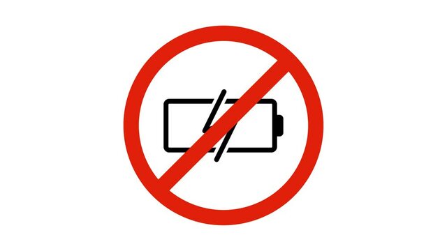 no battery Charging icon road sign animation. simple red circle prohibition Not Allowed Sign road motion design 4k with alpha channel mate