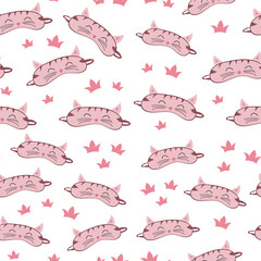 Seamless pattern sleep mask with cute cat face. Eye protection wear accessory. Relaxation blindfold. Cartoon vector illustration