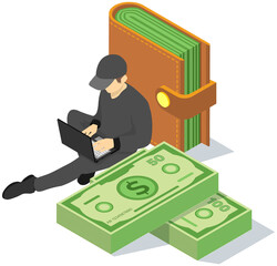 Man works on computer and makes money. Male character in black clothes with laptop sitting next to wallet. Guy near wallet with dollar bills. IT specialist works with laptop remotely and earn