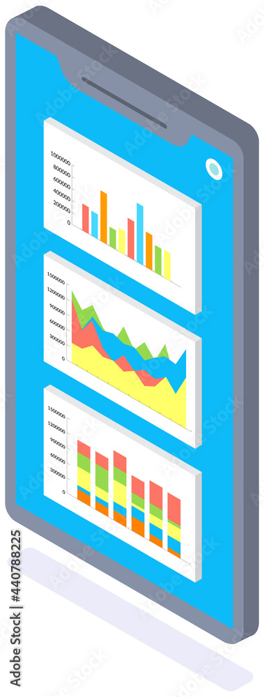 Aufkleber user interface with statistics on smartphone. infographic elements in isometric style. smartphone wi