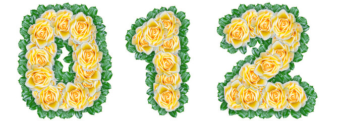 Numbers 0, 1, 2 made of yellow roses with green leaves on a white background