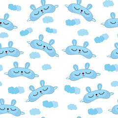 Naklejka premium Seamless pattern sleep mask with cute rabbit face. Eye protection wear accessory. Relaxation blindfold. Cartoon vector illustration isolated on white background