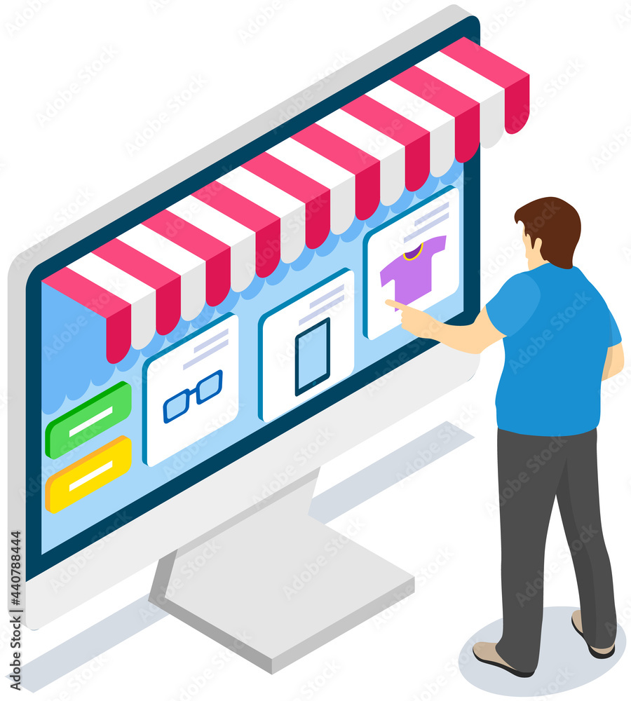 Poster shopping with special store application. man is using computer with website for buying and ordering.