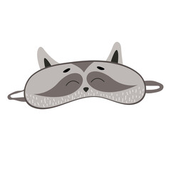 Sleep mask with cute raccoon face. Eye protection wear accessory. Relaxation blindfold. Cartoon vector illustration isolated on white background