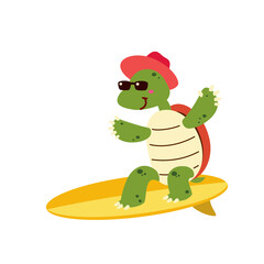 Obraz premium A cute tortoise surfing cartoon character for children scrapbook decorating isolated flat vector illustration. Hello sumretime. Happy vacation on the beach.