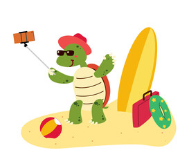 A cute tortoise take a picture on vacation cartoon character isolated flat vector illustration. Hello sumretime. Happy vacation on the beach.